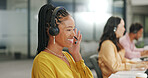 CRM, customer service portrait or consultant black woman for life insurance telemarketing, help or communication. Sales advisor, happy or call center for contact us, consulting or customer support