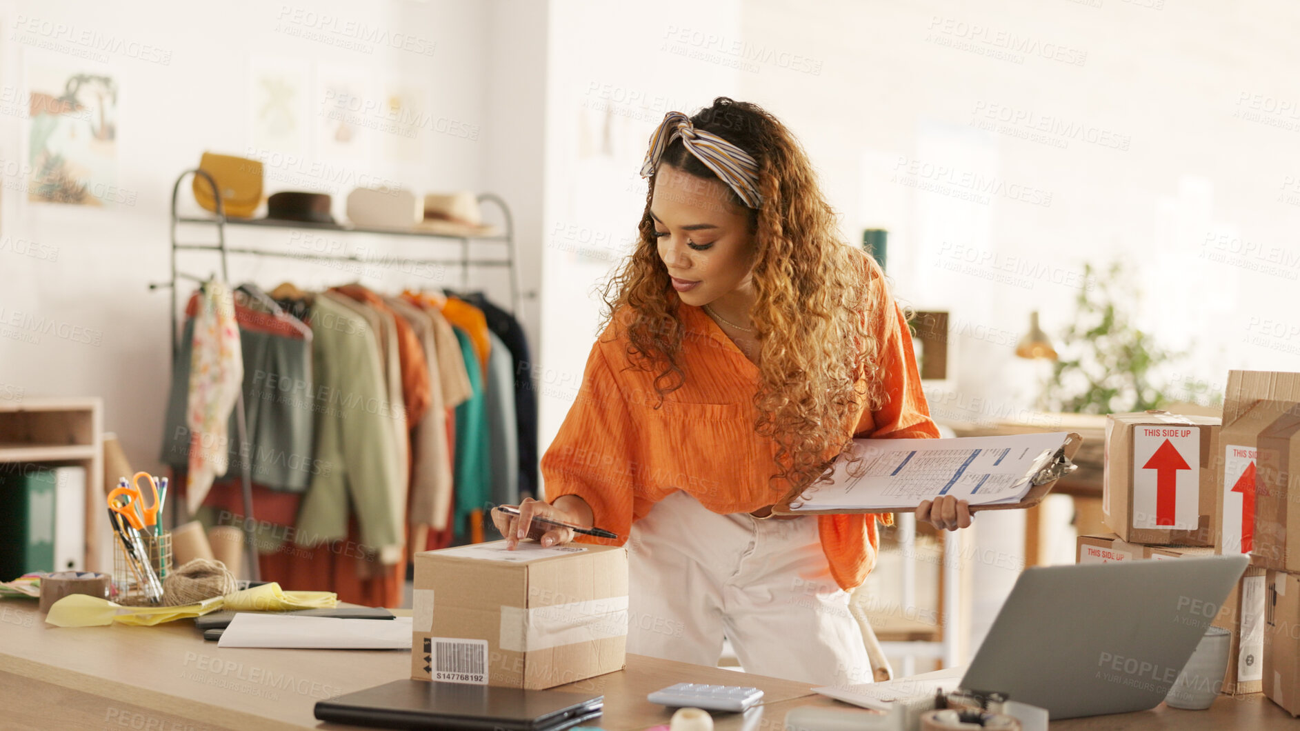 Buy stock photo Woman, boxes and logistics checklist for office e commerce, computer inventory and online shop management or stock. Fashion business owner or seller for package label, invoice and courier or shipping