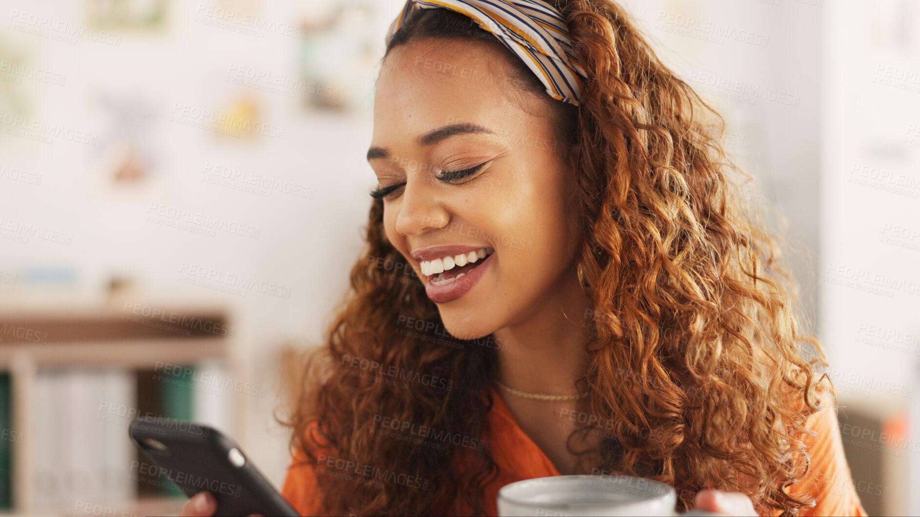 Buy stock photo Relax, face and smile of a woman with a phone to search news, social media and communication app. Technology, contact and networking with a girl and smartphone internet, coffee or ecommerce website