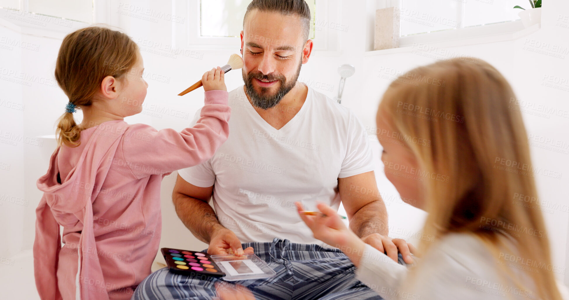 Buy stock photo Happy family, makeup and playing in a bathroom by girl kids and father, bond and care in their home together. Love, cosmetics and children with parent in their house with color, game or learning