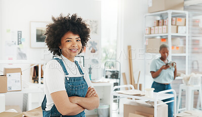 Employee portrait, happy business and black woman with smile at startup advertising company with mock up. Face of African worker, designer or girl working in marketing office with mockup space