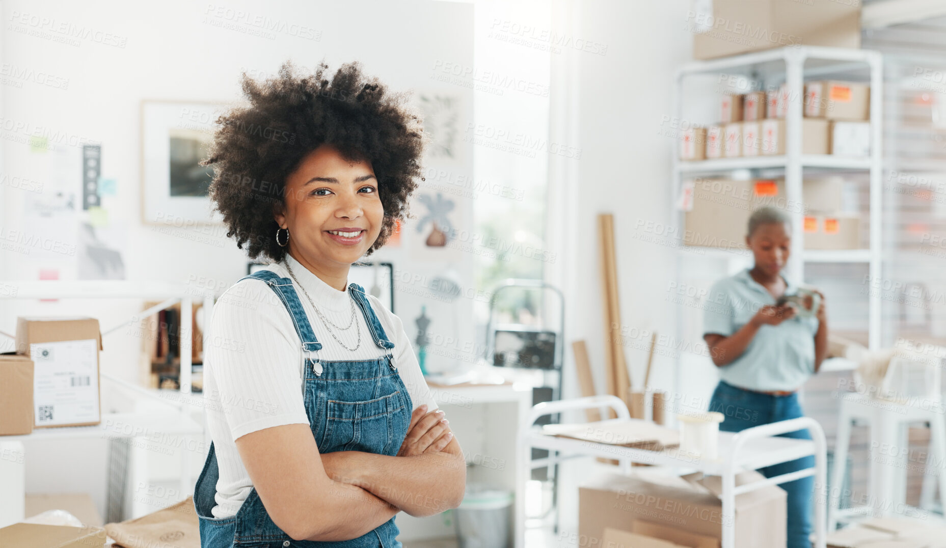 Buy stock photo Arms crossed, ecommerce and logistics with portrait of woman in warehouse for shipping, pride and supply chain. Smile, delivery and small business with face of person in factory for online shopping