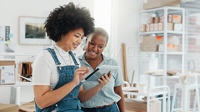 Shopping company, ecommerce logistics or business women on tablet with planning digital stock or cargo shipping delivery. Warehouse, supply chain or black woman consulting or learning from manager