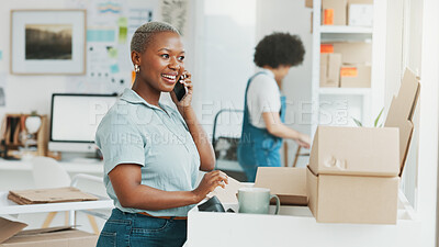 Ecommerce, box and phone call communication for girl in conversation, discussion or talking about product shipping. Supply chain, online shopping sale and black woman speaking on 5g smartphone call