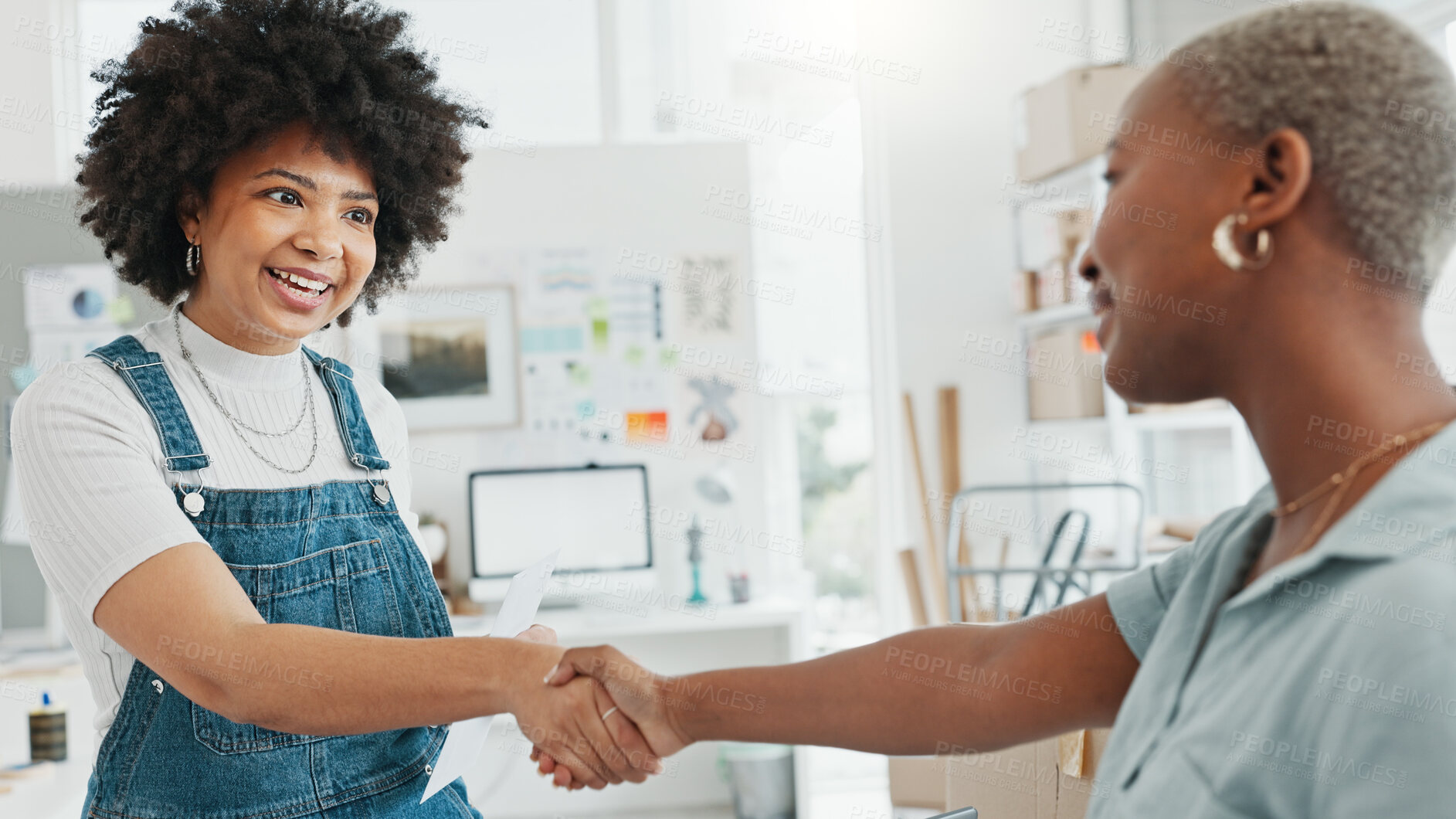 Buy stock photo Business owner, handshake or happy woman in a meeting for success, teamwork or partnership deal. Manager, b2b or excited people with ecommerce sales goal, delivery stock or shipping product in boxes 