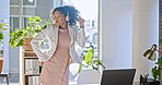 Business laptop, dance and black woman in office celebrating successful project. Energy, freedom and happy carefree female employee from South Africa dancing for victory after winning contract deal.