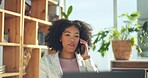 Phone call, communication and business woman with a laptop for networking, planning and creative work in an office. Advertising, talking and African employee on a mobile for a strategy for a startup