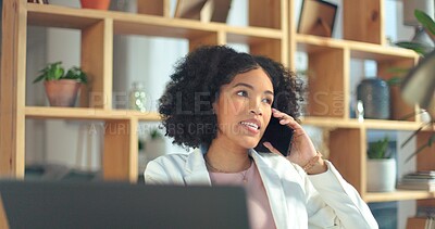 Phone call, communication and business woman with a laptop for networking, planning and creative work in an office. Advertising, talking and African employee on a mobile for a strategy for a startup