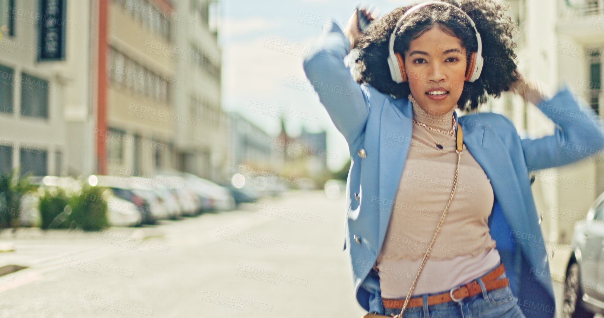 Buy stock photo Music, street and black woman dance with headphones, freedom and streaming hip hop or radio sound. Energy, crazy fun and portrait of dancer listening to a song or moving to audio in city with space