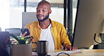 Black man, phone and office chat while online for communication, social media or reading email, news or content creator post. Smile on face of employee at desk for project research on website