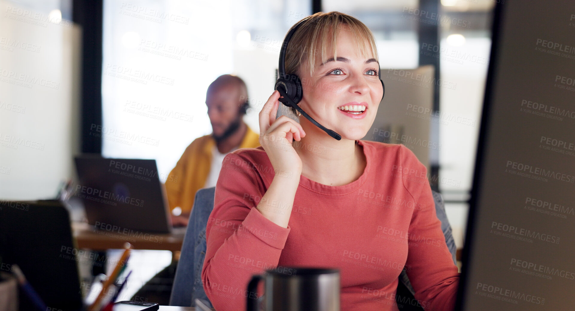 Buy stock photo Customer service communication, computer and happy woman conversation in startup call center, help desk or telemarketing. Coworking office, PC tech support and agent talking, advice and consultation