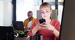 Computer, phone and business woman checking digital information, biometric and authentication in office. Woman, smartphone and online schedule, calendar and app for management, order and planning