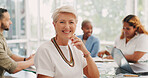 Meeting, smile and face of a business woman, leader or ceo in the office conference room with employees. Happy, leadership and senior corporate manager working on project with colleagues in workplace