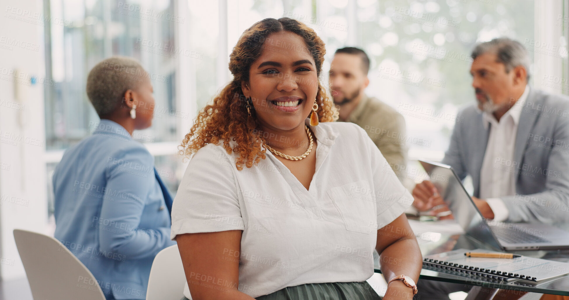 Buy stock photo Confidence, workshop and portrait of happy woman in meeting room for corporate business people. Strategy, planning and professional collaboration, smile of businesswoman at project management agency.