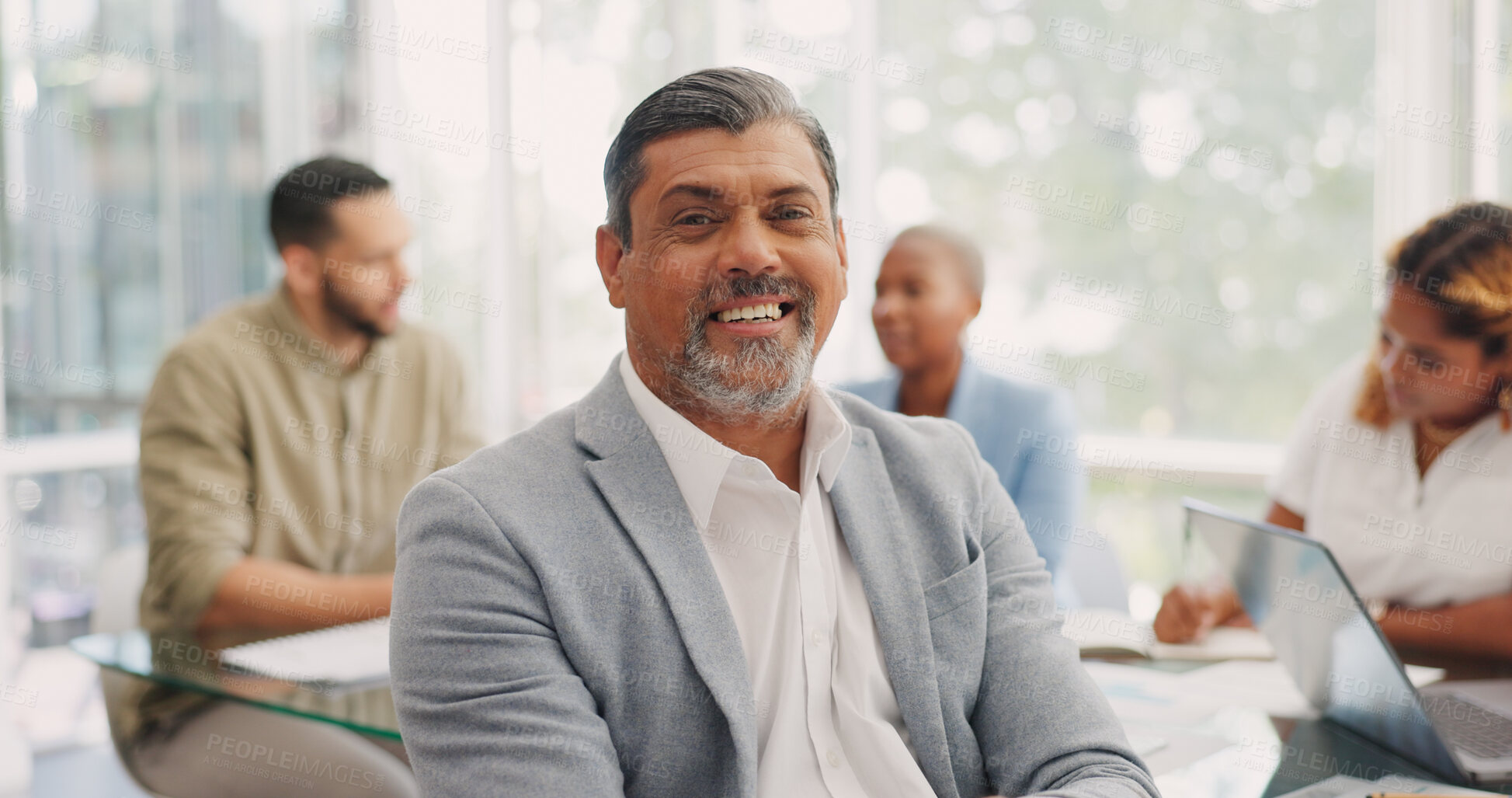 Buy stock photo Smile, confidence and portrait of mature businessman in office meeting for corporate business people. Strategy, planning and professional leadership, face of happy ceo at project management agency.