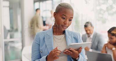 Black woman, office and tablet for connection, online search and marketing strategy. African American female, ceo and entrepreneur with device, data analysis and meeting for brainstorming and fintech