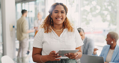 Tablet, research and vision with a business black woman at work in her office for innovation development. Portrait, mission and planning with female employee working on technology to search online