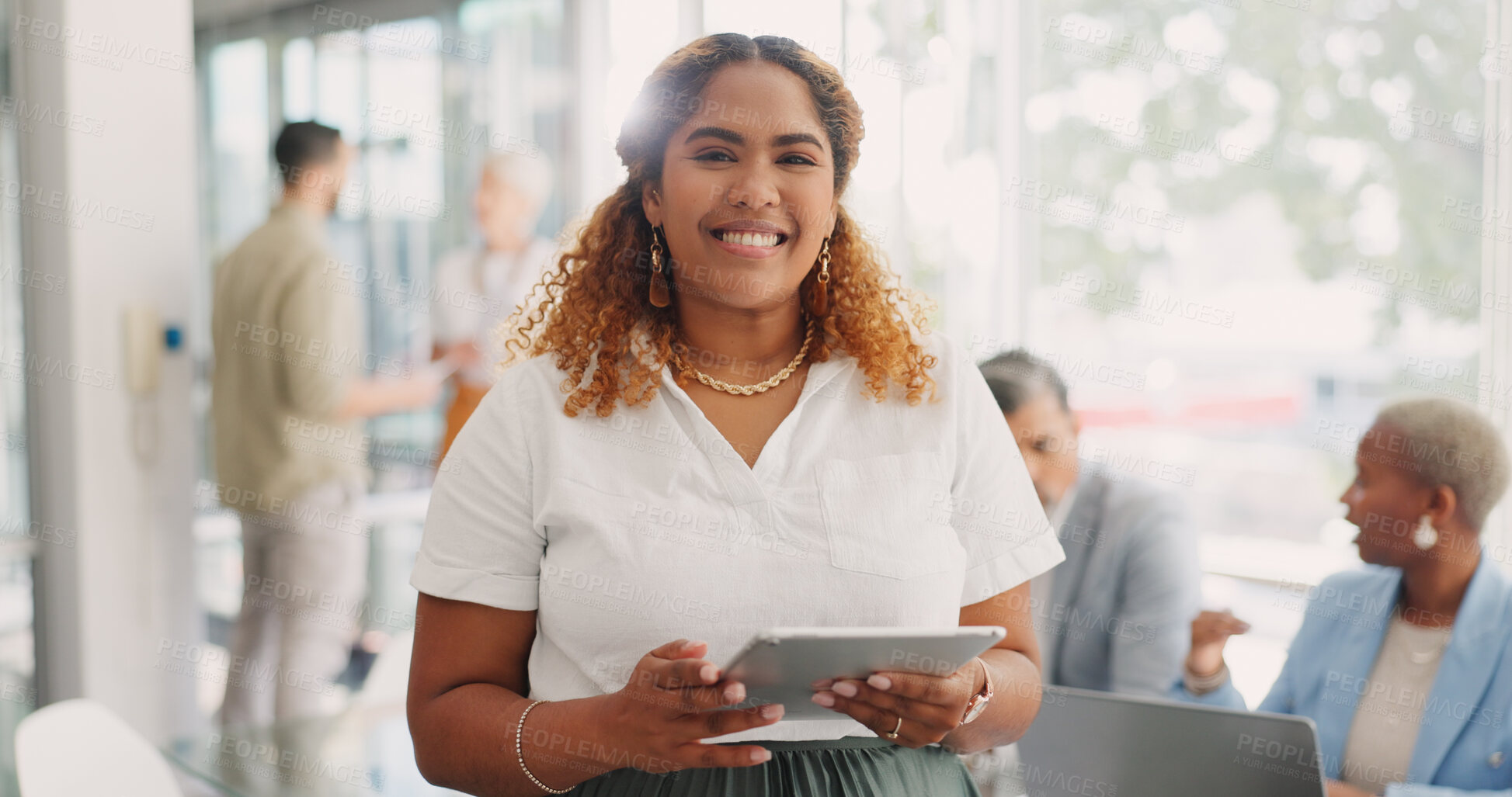 Buy stock photo Business, portrait and happy woman with tablet in office for planning, schedule or management in coworking space. Face, smile and female manager online for digital, calendar or social media update