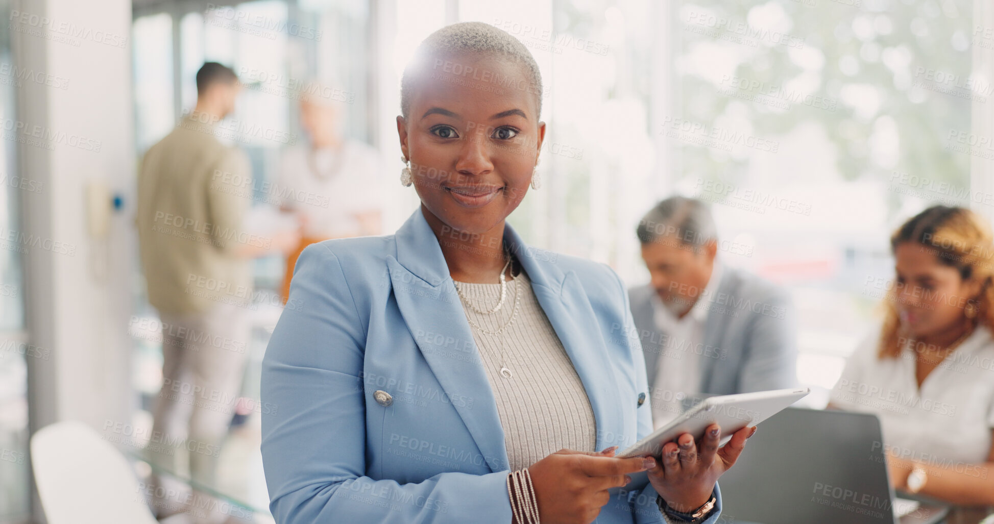 Buy stock photo Smile, tablet and portrait of black woman in office meeting for corporate business people. Strategy, planning and professional leadership, face of happy businesswoman at online management agency.