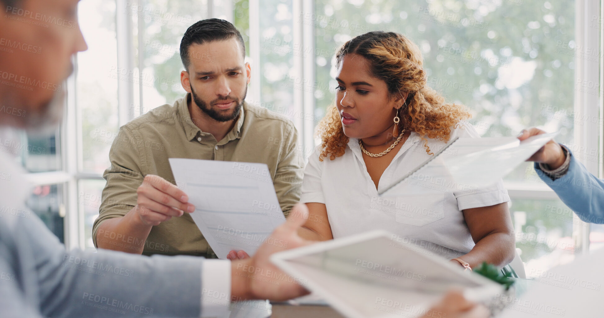 Buy stock photo Business people, documents or teamwork in a meeting, planning and feedback for budget report, finance and data analysis. Staff, coworkers or group with paperwork, proposal or conversation with review