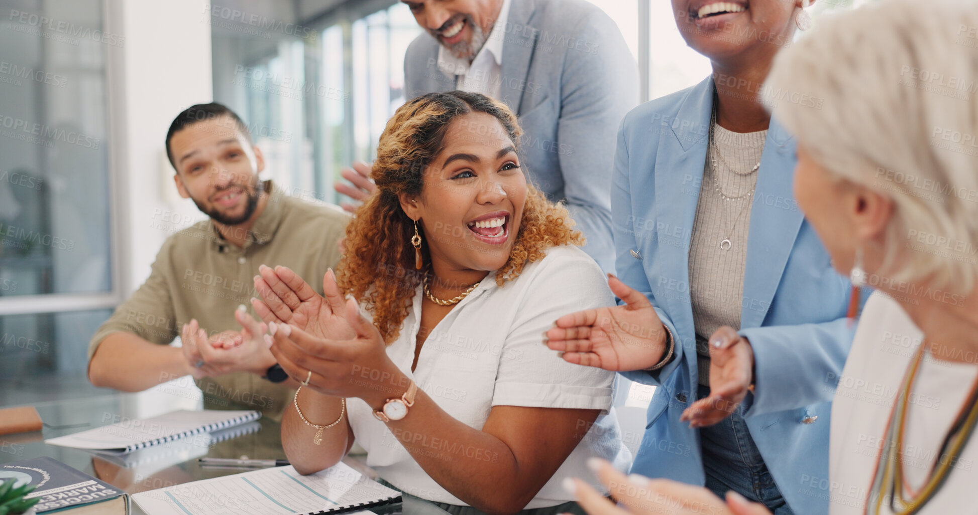 Buy stock photo Success, applause and business people in office for celebration, motivation and collaboration praise. Teamwork, goal and excited team clapping hands in support of startup growth, partnership or win