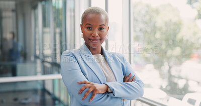 Business woman, face or arms crossed in modern office with marketing innovation, advertising vision or branding ideas. Portrait, smile or happy creative designer with confidence for about us website