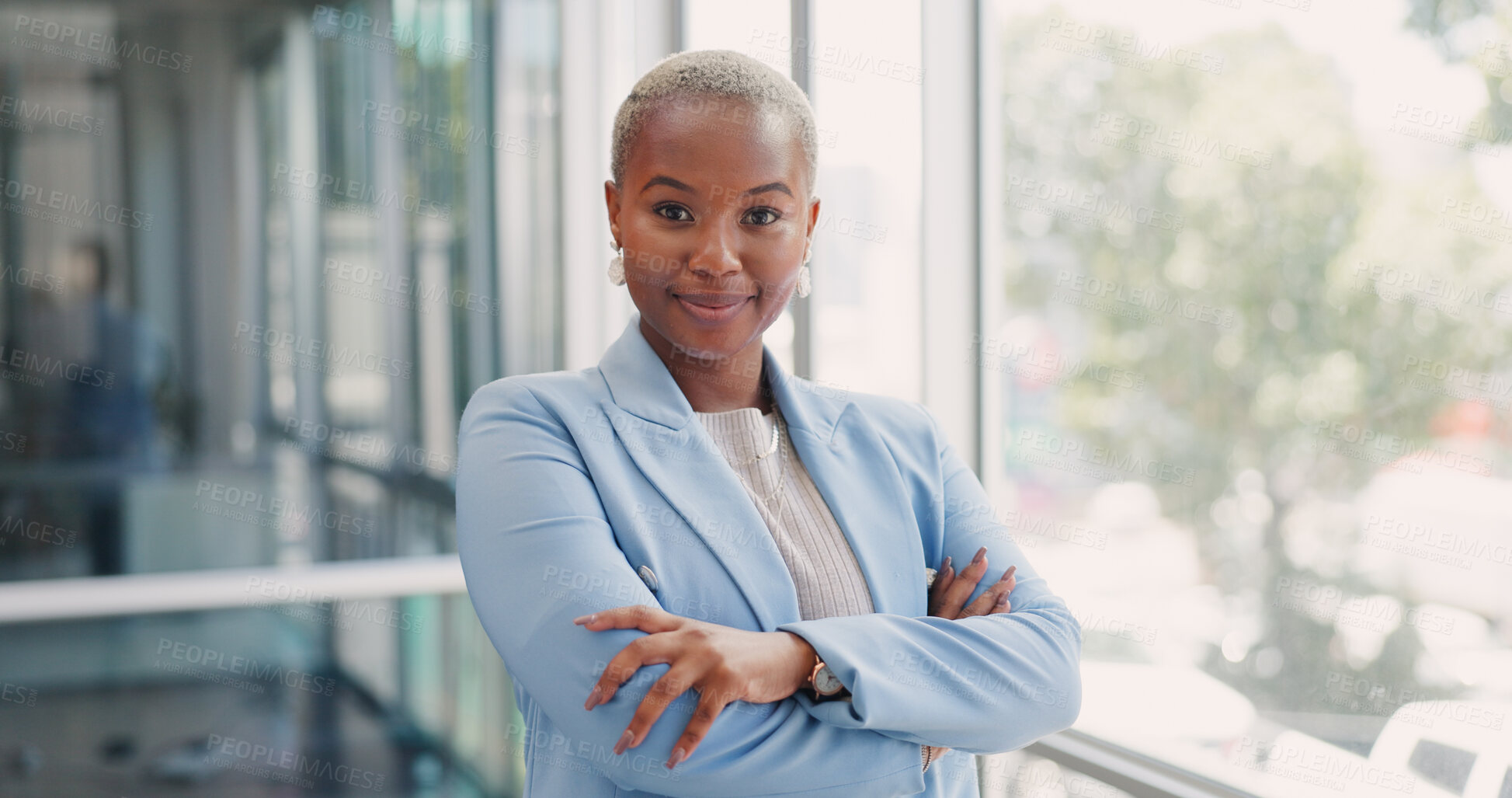 Buy stock photo Office, crossed arms and portrait of business woman for opportunity, empowerment and job. Professional, corporate worker and happy African person in workplace with confidence, leadership and career