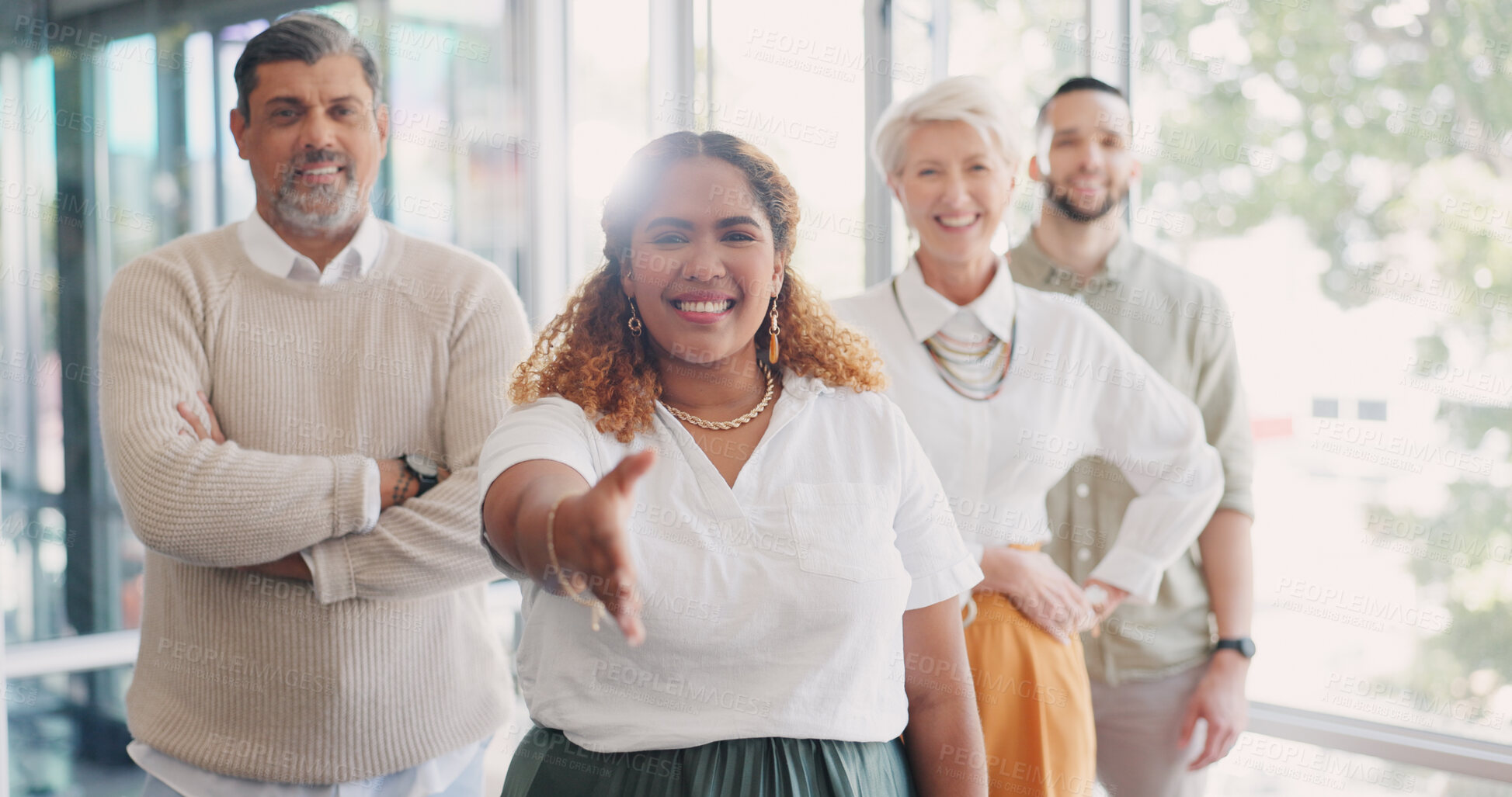 Buy stock photo Business people, woman and open hand shake in group, welcome and networking for recruitment drive in office. Human resources expert, team and kindness for onboarding, hiring or agreement in workplace