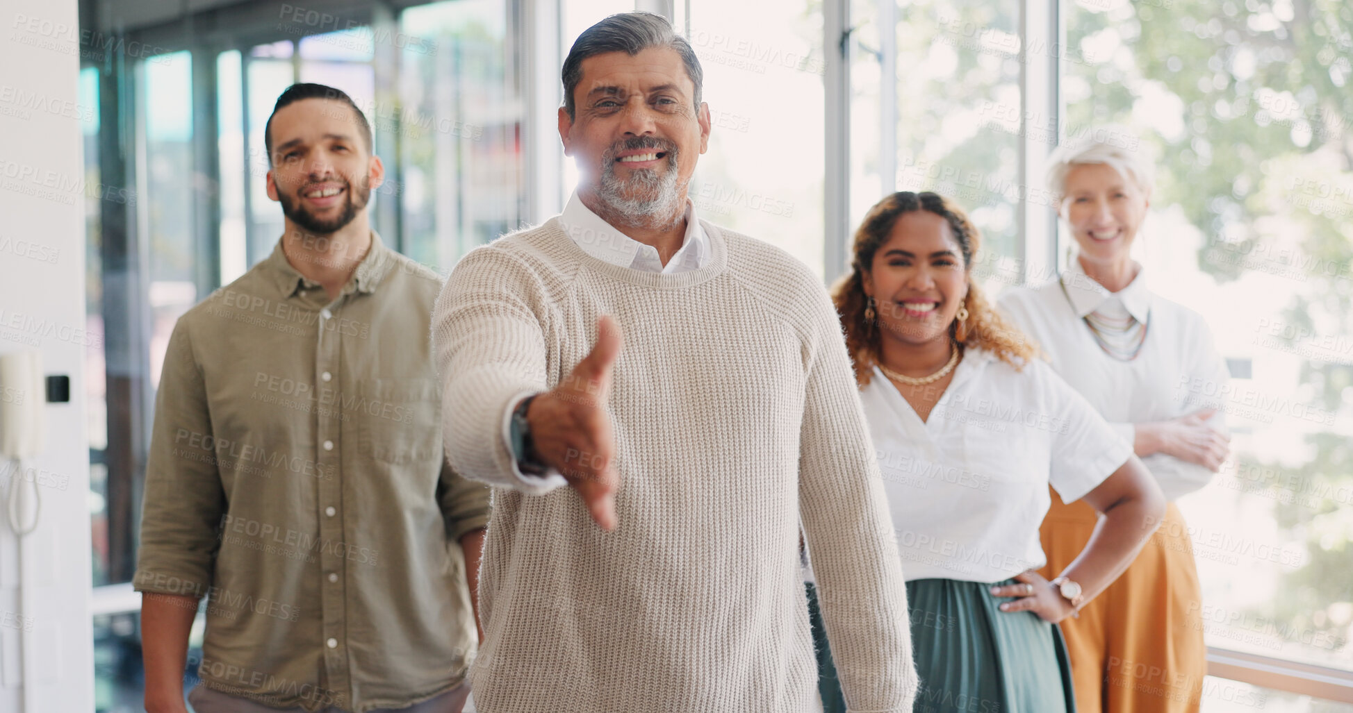 Buy stock photo Business people, group and open handshake for welcome, networking and recruitment drive in office. Human resources expert, team and mature ceo with onboarding, hiring and shaking hands in portrait