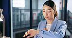 Watch, deadline and computer with a business asian woman working late at night in her office for overtime. Finance, accounting and dedication with a female employee at work in her corporate workplace