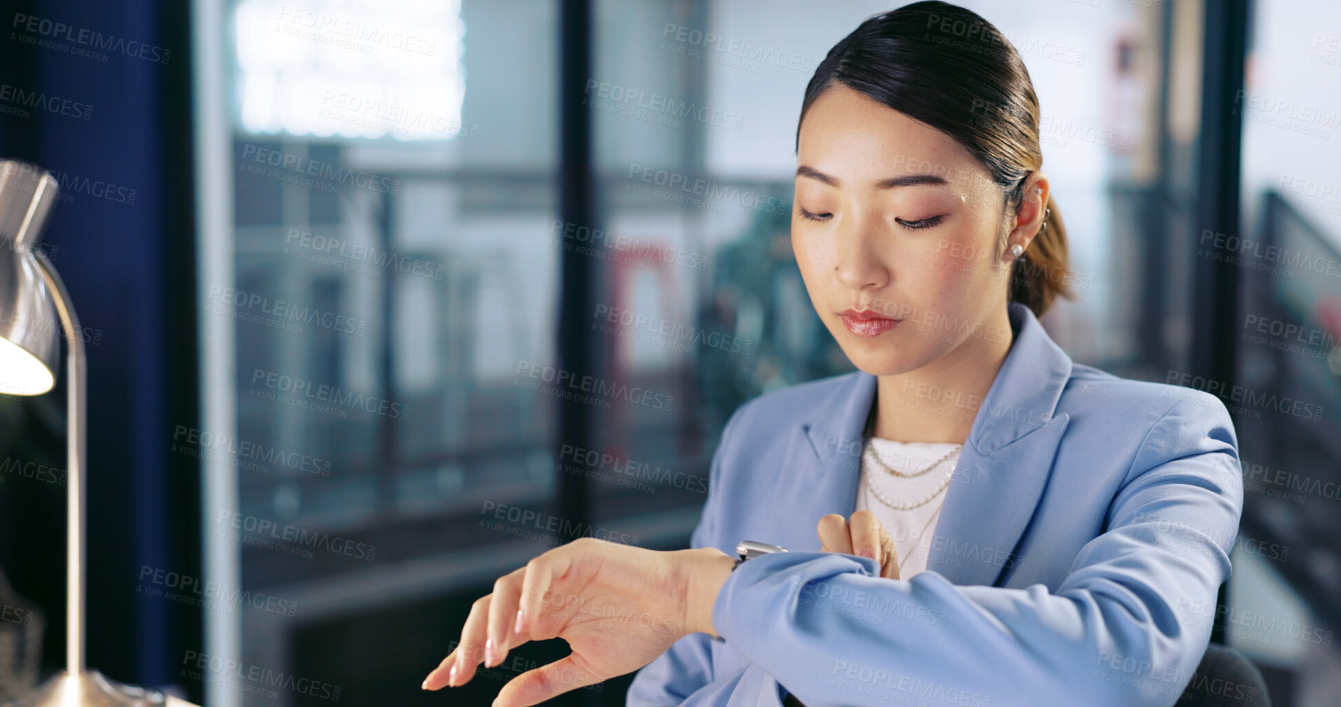 Buy stock photo Watch, deadline and business woman in office or working late for overtime on report. Professional, corporate and dedication with asian female employee at work to check time for schedule in workplace