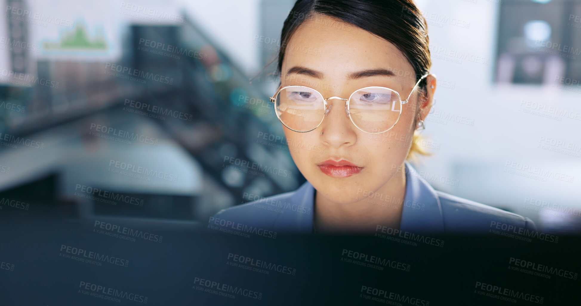 Buy stock photo Thinking, corporate and Asian woman with glasses, online reading or employee with a deadline, report or feedback. Japanese person, business or executive consultant with eyewear, clear vision or email