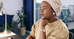 Thinking, computer reading and business woman working on a digital proposal report idea at a office. Online, planning and web writing of a internet marketing worker contemplating ideas development