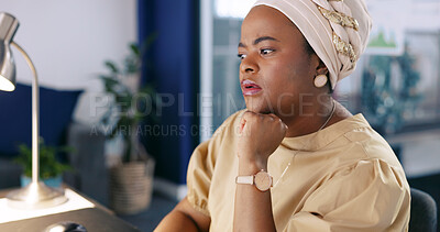 Thinking, computer reading and business woman working on a digital proposal report idea at a office. Online, planning and web writing of a internet marketing worker contemplating ideas development
