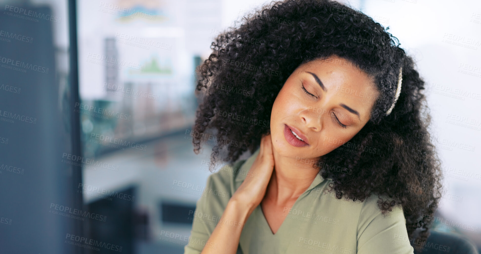 Buy stock photo Neck pain, business woman and tired or stress of overworked employee in office. Face, burnout and massage of professional person with hand on muscle feeling fatigue from job, tension or bad posture