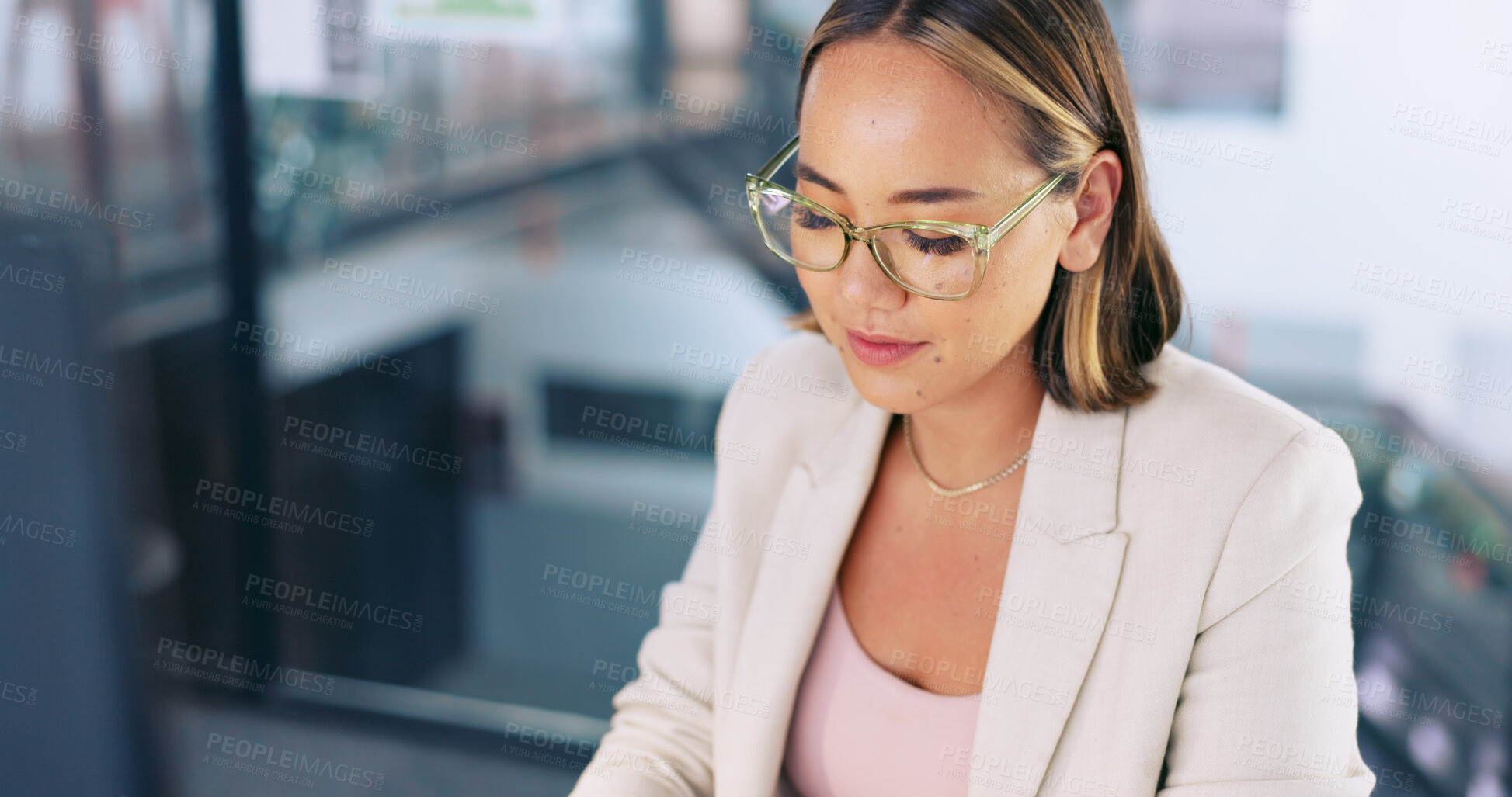 Buy stock photo Business woman, computer and glasses for research in marketing, web planning or social media management with focus. Asian worker, editor or writer on desktop PC for copywriting, editing or newsletter