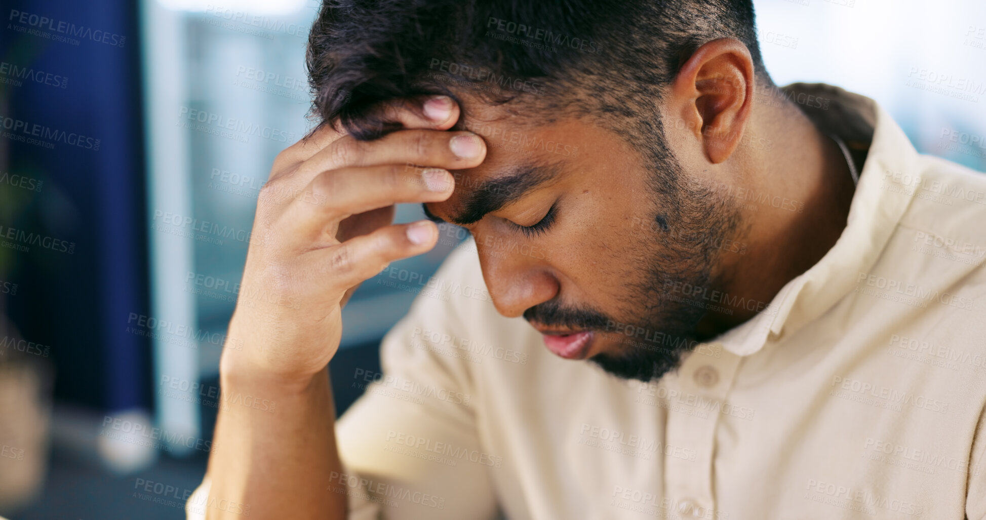 Buy stock photo Tired, headache and frustrated business man or overworked employee in office. Stress, burnout and professional person with hand on head for fatigue with pain, crisis or fail and mistake at workplace
