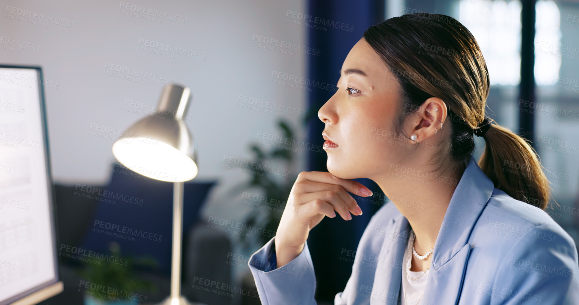 Buy stock photo Thinking, corporate and woman with ideas, brainstorming and online reading for digital proposal report. Japanese person, employee and editor in a workplace, copywriting and decision with planning