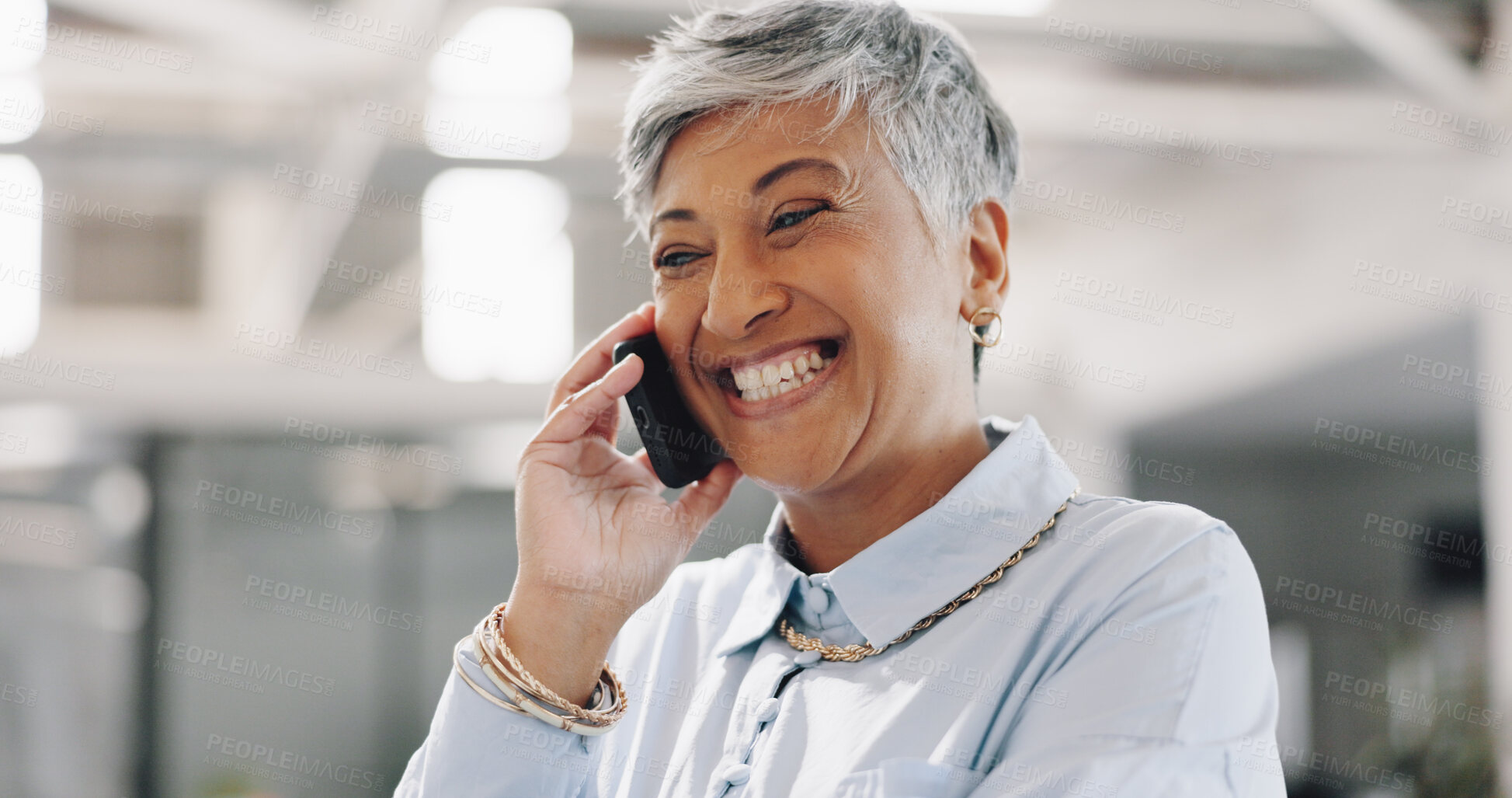 Buy stock photo Smile, phone call or happy senior businesswoman in office for networking, good news or deal negotiation. Laughing, face or proud mature CEO on mobile communication for target, discussion or mission 