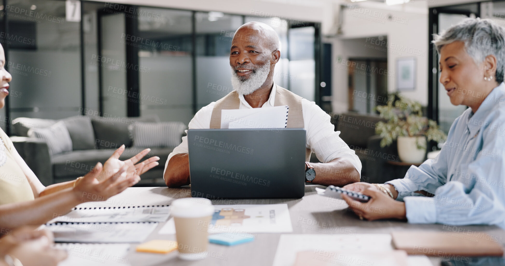 Buy stock photo Laptop, CEO and meeting with a business team in the boardroom for planning a group strategy. Teamwork, collaboration or mature black man or women with employees working, talking or speaking of ideas