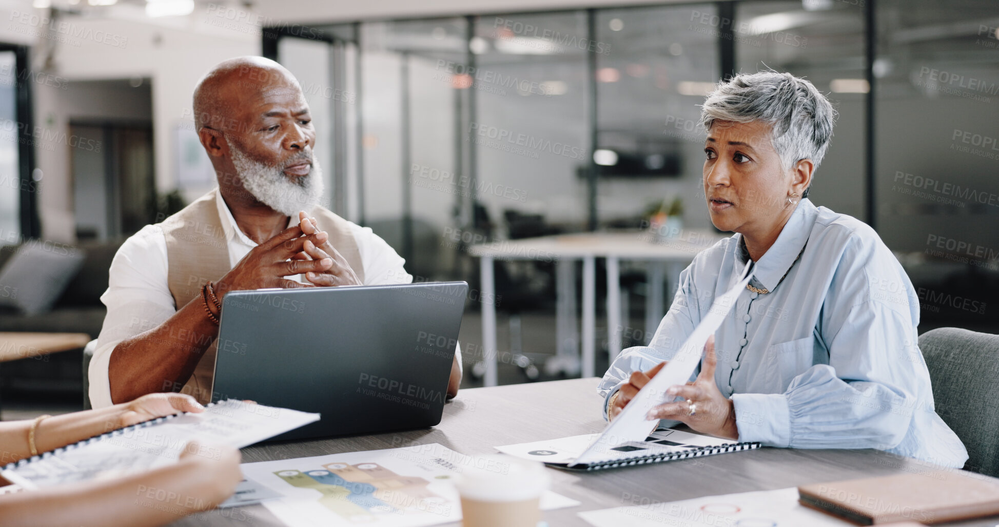 Buy stock photo Laptop, documents and meeting with a business team in the boardroom for planning or strategy. Teamwork, collaboration and management with a man and woman employee group working on the company vision