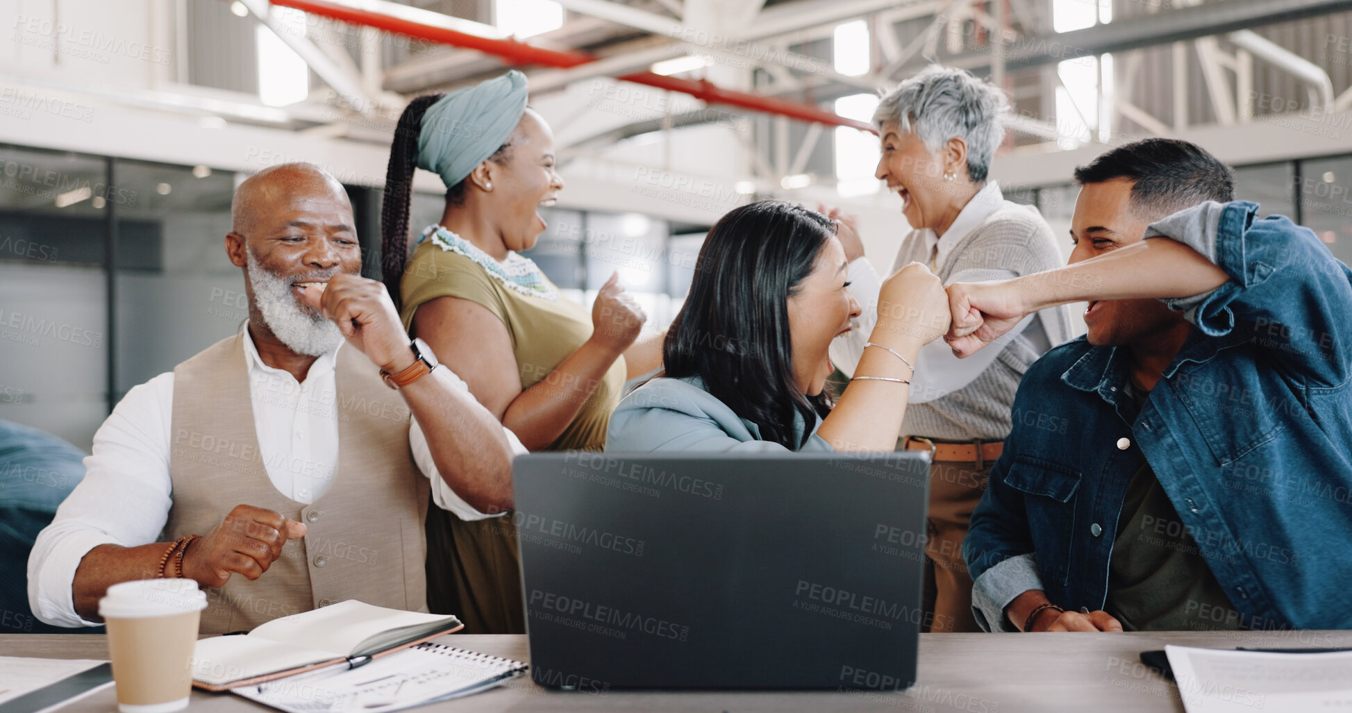 Buy stock photo Business people, fist bump and success on laptop for startup news, team goals or winner sales and bonus. Employees with motivation, celebration and excited for email, winning and results on computer