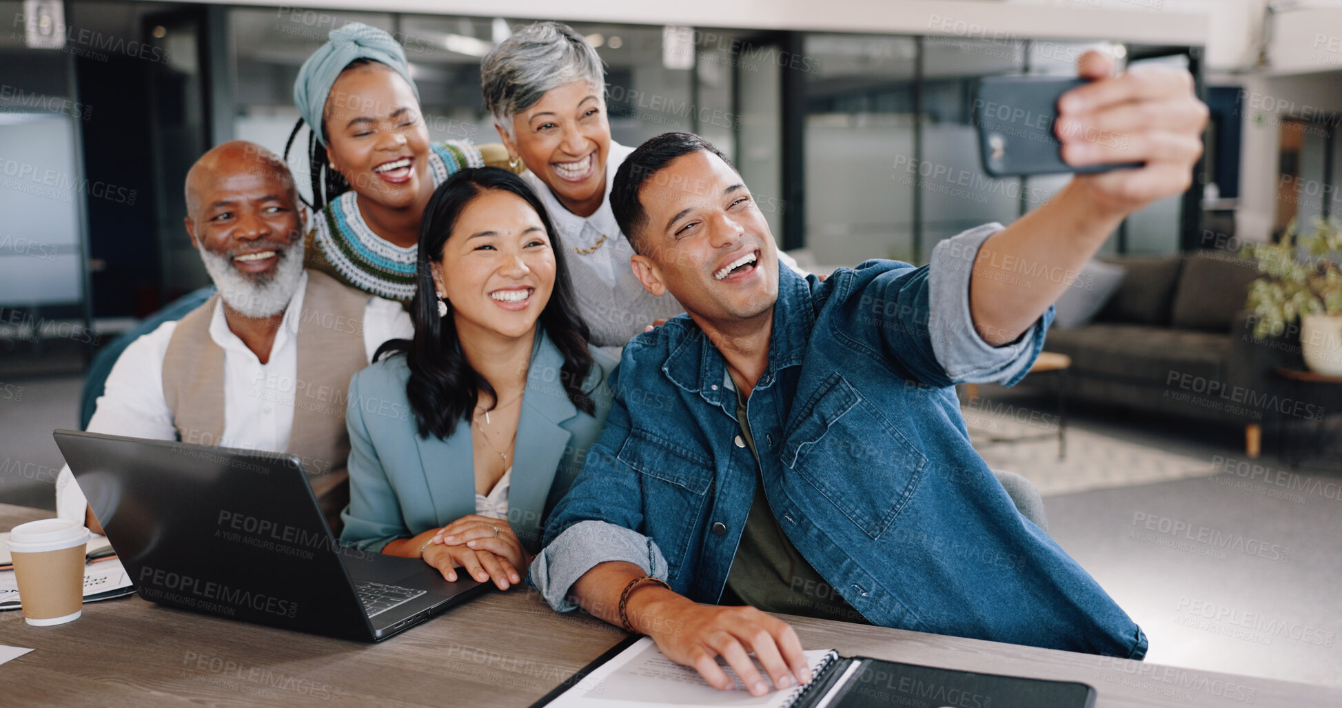 Buy stock photo Selfie, meeting and planning with friends in the office together taking a picture for memory. Collaboration, smile and diversity with a happy business team in a creative workplace for a photograph