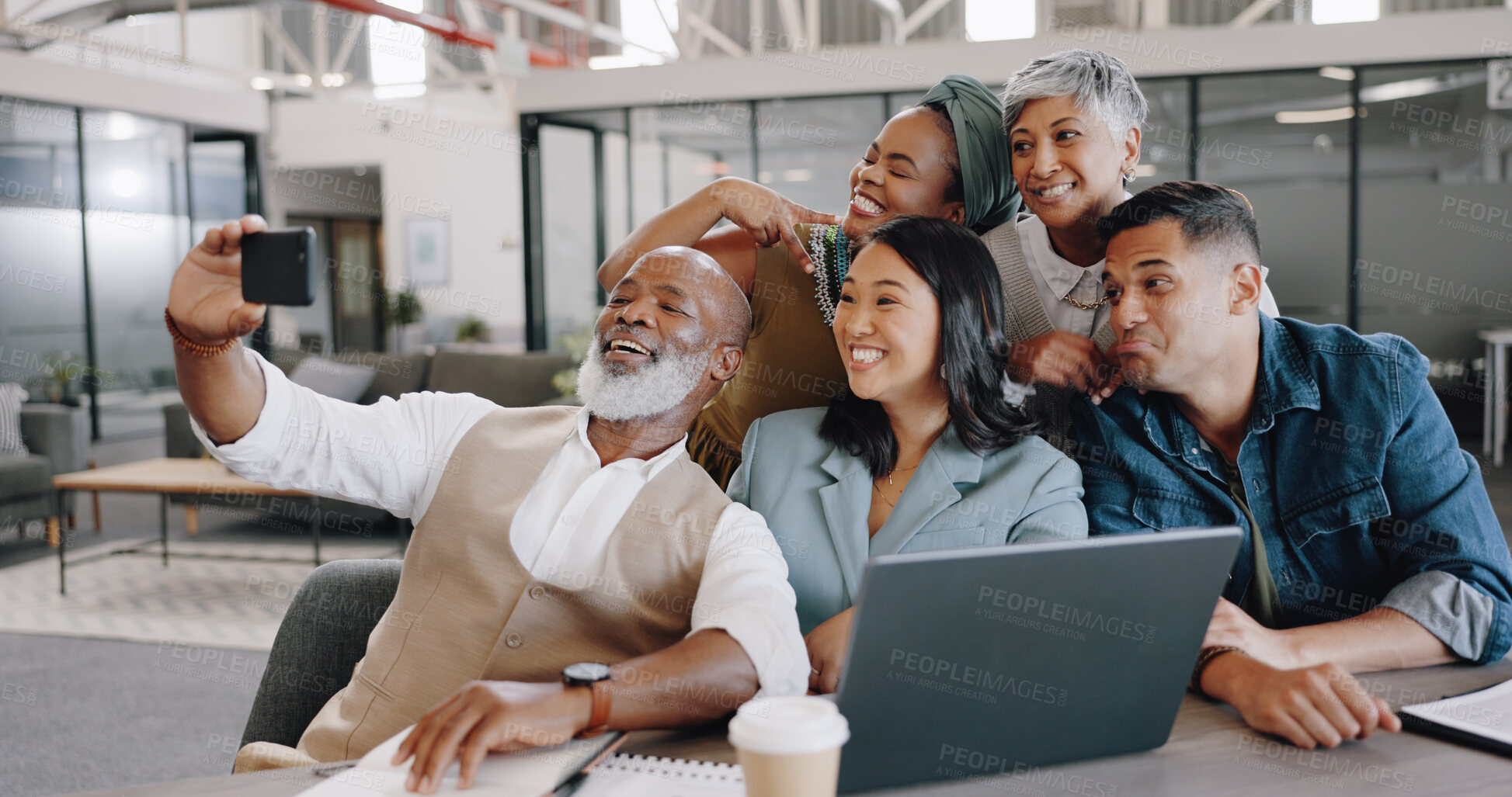 Buy stock photo Business people, phone selfie and smile together in office for employee happiness, team support and solidarity. Teamwork partnership, smartphone photography and marketing team happy for comic fun