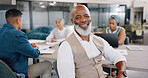 Senior black man, face and corporate meeting in office with team, face and documents for data analysis. Elderly african businessman, happy or portrait by desk at business meeting for financial budget