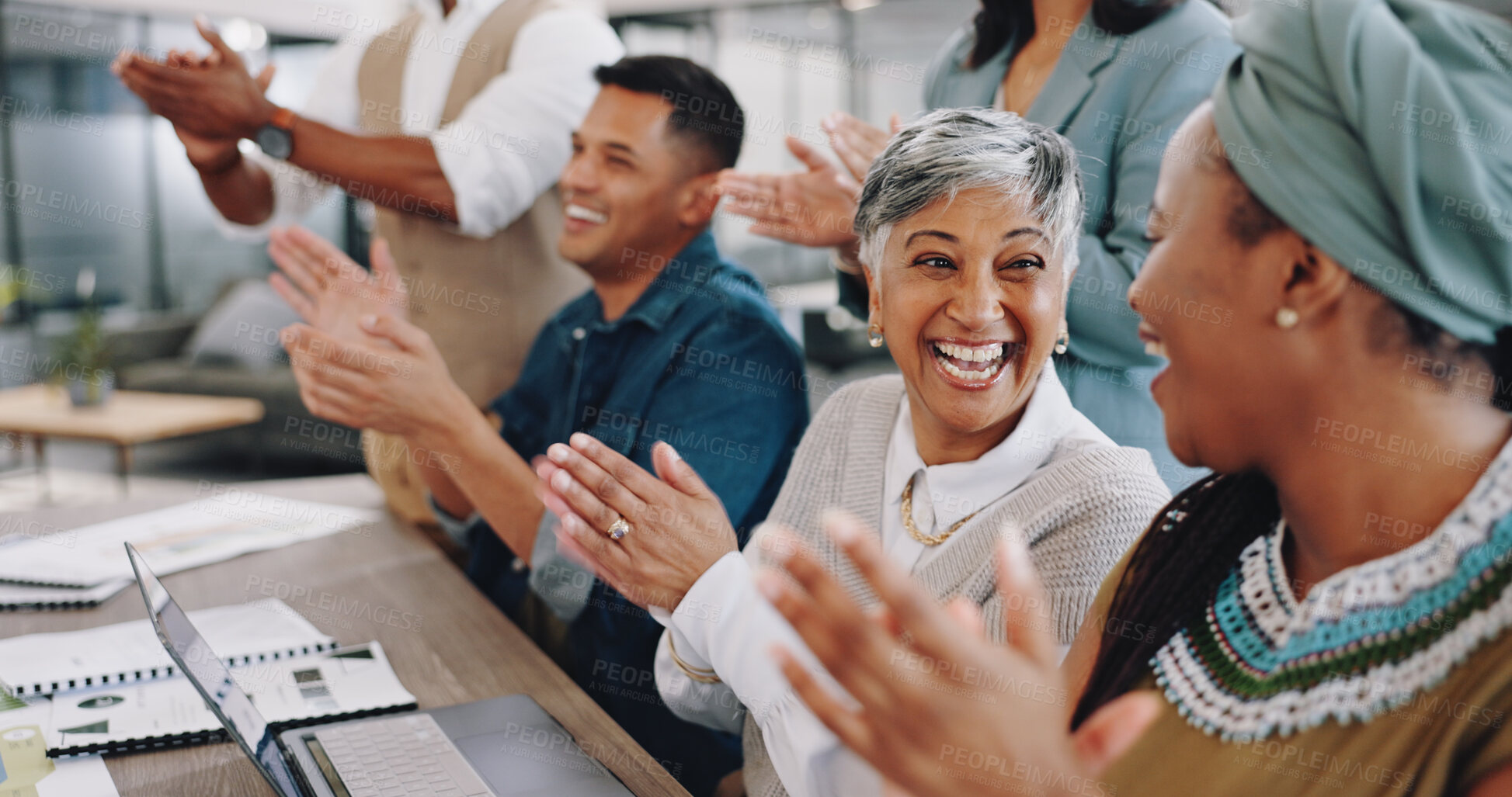 Buy stock photo Business people, workshop or staff with applause, presentation and promotion with achievement. Group, teamwork and diversity with celebration, clapping and conference with a laptop and conversation