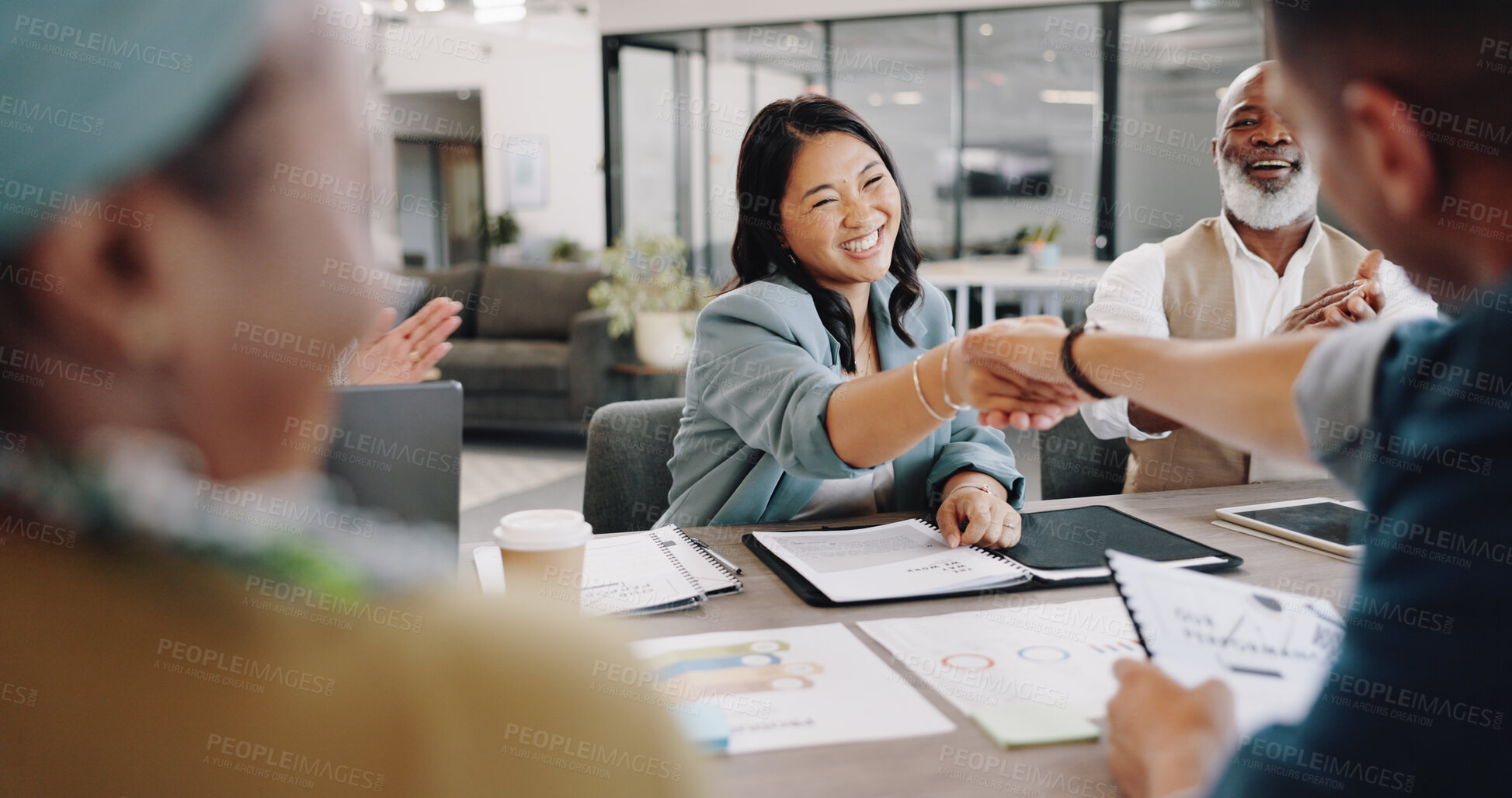 Buy stock photo People, shaking hands and success in business meeting, negotiation and applause for agreement and b2b partnership. Contract, paperwork and congratulations for deal, collaboration or crm handshake