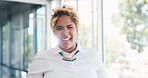 Face, vision and mindset with a business black woman in her office, standing by a window with flare. Portrait, confidence and mission with a female employee at work with her focus on the future