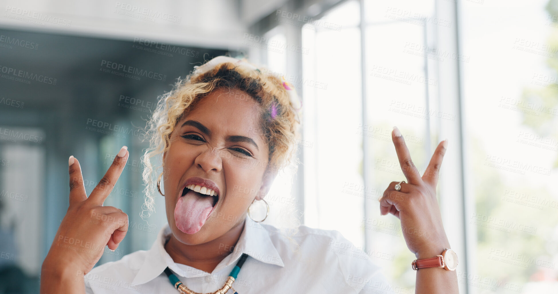 Buy stock photo Peace sign, portrait and rocker with business woman for crazy, winner and motivation. Emoji, happy and freedom with face of person and v icon in office for celebration, creative and achievement