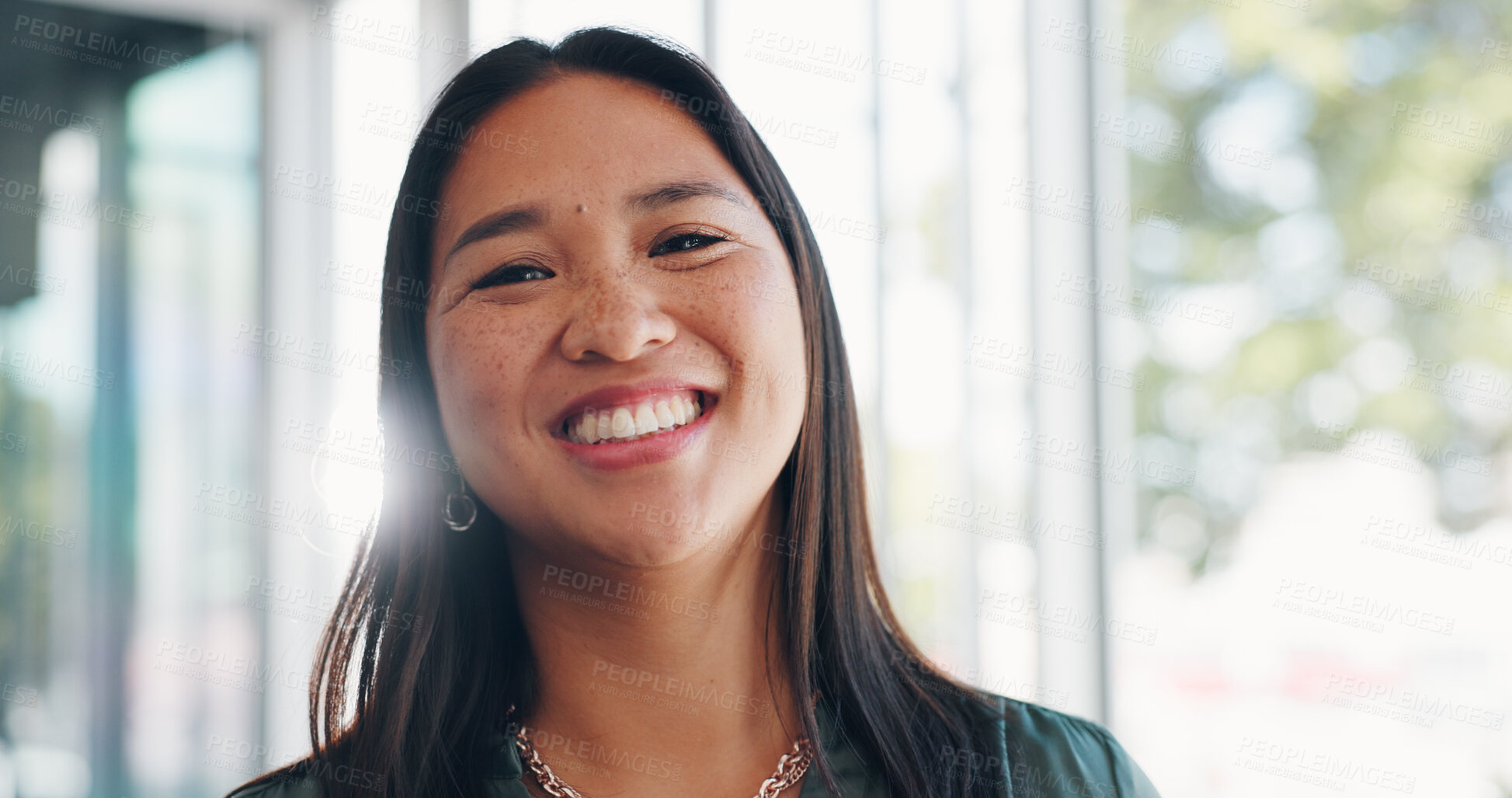 Buy stock photo Happy, smile and portrait of Asian businesswoman in the office with positive and confident attitude. Happiness, confidence and face headshot of professional female designer in a modern workplace.